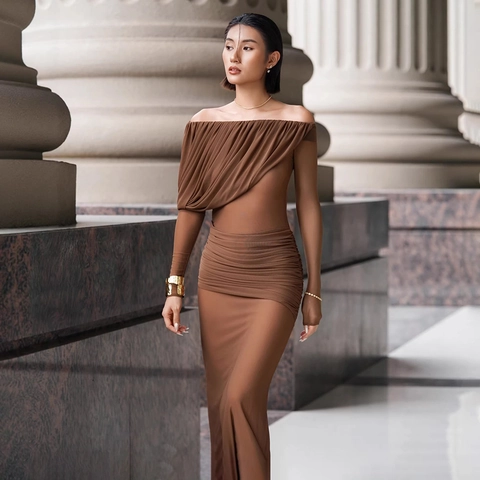 Vestito Lungo In Mesh Con Spalle Scoperte Maniche Lunghe Arricciato Schiena Scoperta Elegante Tinta Unita Da Donna
