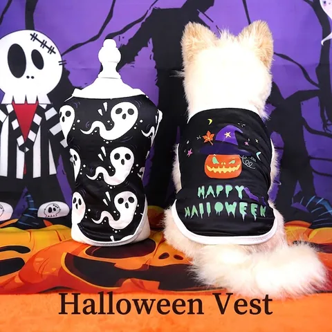 Halloween Gilet Pour Animaux De Compagnie Chien Chat Vêtements Polyester Respirant Fantôme Citrouille Imprimé Costume Fête