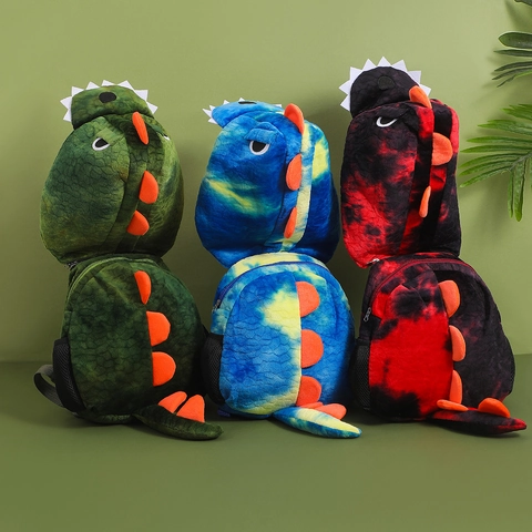 Dinosaur Plush Backpack Hooded Schoolbag Cartoon Animal Travel Rucksack For Toddler Boys Girls Cute Adjustable Straps