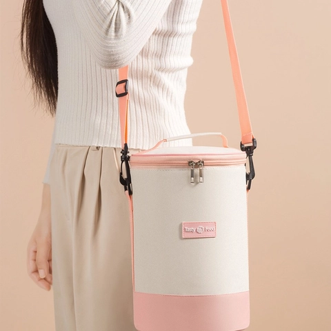 Borsa Pranzo Isolata Cilindrica Tessuto Oxford Foglio Alluminio Borsa Termica Con Tracolla Regolabile Per Ufficio Scuola Picnic