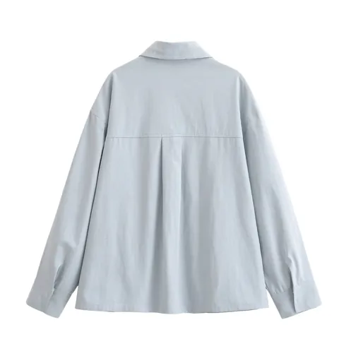 Women Long Sleeve Blouse Twill Fabric Solid Color Chest Pockets Lapel Button Down Casual Loose Shirt Jacket