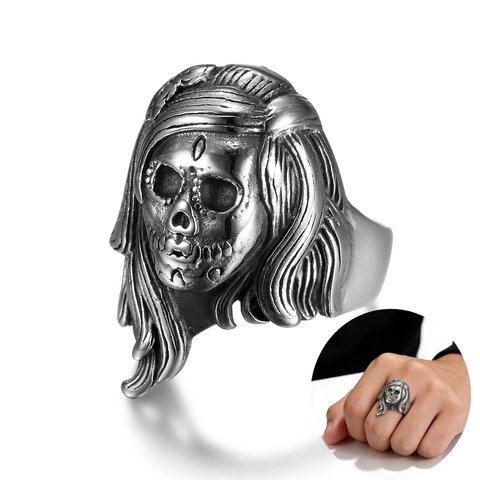 Gothic Skull Girl Face Ring Stainless Steel Long Hair Retro Punk Biker Hip Hop Jewelry For Women And Men