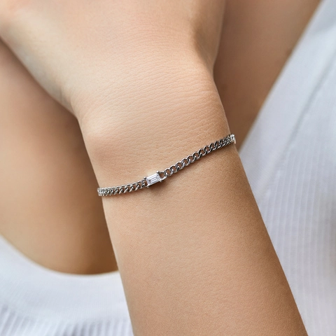Pulsera De Plata De Ley 925 Para Mujer Zircón Rectangular Corte Esmeralda Cadena De Eslabones Cubanos Joyería