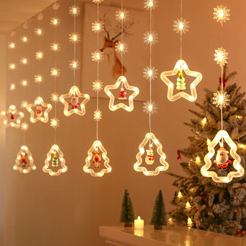 LED Christmas Icicle String Lights Star Tree Hanging Decorations With Micro Figurines Remote Control Window Curtain Decor