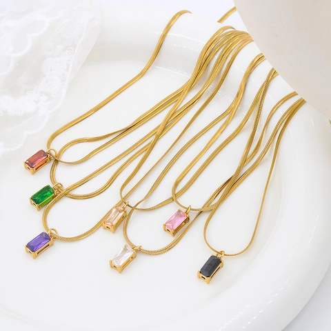 Square Zircon Pendant Necklace Titanium Steel Snake Chain Gold Plated Minimalist Luxury Jewelry For Women Elegant
