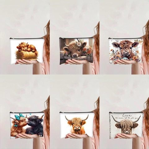 Highland Cow Printed Makeup Bag Large Capacity Portable Canvas Toiletry Storage Pouch For Women Travel Cosmetic Organizer