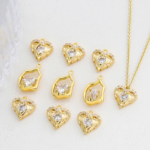 Retro Heart Shaped Jewelry Charms Copper Gold Plated Zircon Inlaid Angel Wings Pendants For DIY Necklace Earring Making