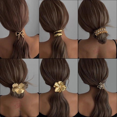 Legierung Blumen Schleife Haargummis Mit Künstliche Perle Pferdeschwanz Halter Elastische Haar Accessoires Für Frauen