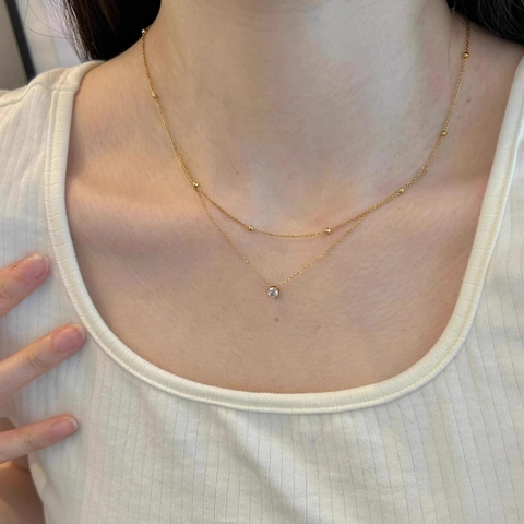 Layered Necklace For Women Gold Plated Copper With Single Round Zircon Pendant And Gold Beads Trendy Clavicle Chain