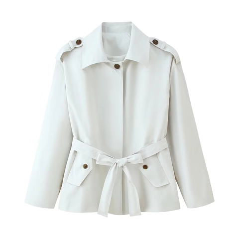 Women Short Trench Coat Jacket Polyester Long Sleeve Belted Lapel Epaulets Elegant Solid Casual Outerwear