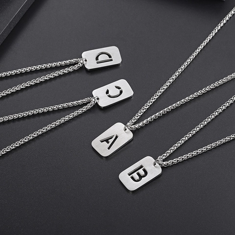 Collier Pendentif Lettre Initiale En Acier Titane Hip Hop Pour Hommes Femmes Rectangle Creux Alphabet A-Z Bijoux