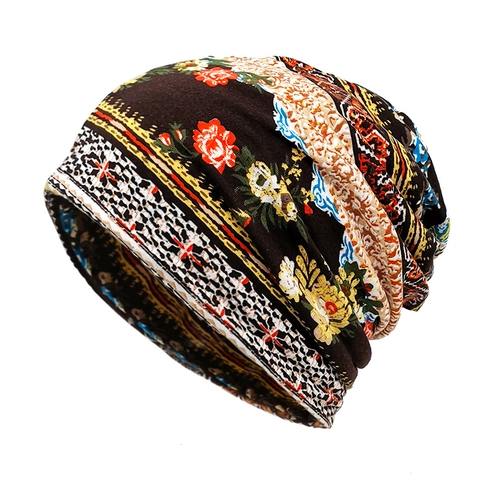 Bonnet Beanie Slouchy Polyester Imprimé Fleuri Motif Géométrique Ethnique Respirant Protection Solaire Écharpe Unisexe
