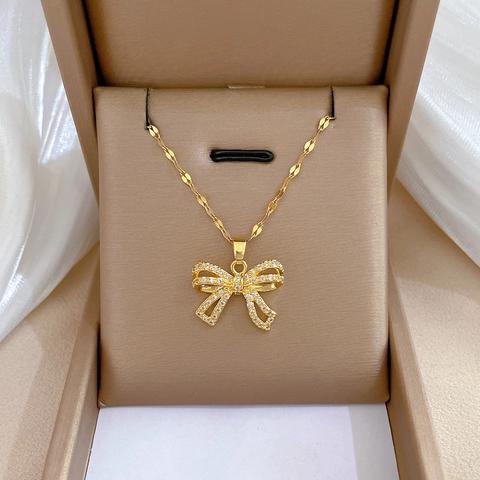 Butterfly Pendant Necklace Stainless Steel Chain Copper Zircon Micro-Pave Bowknot Elegant Jewelry For Women