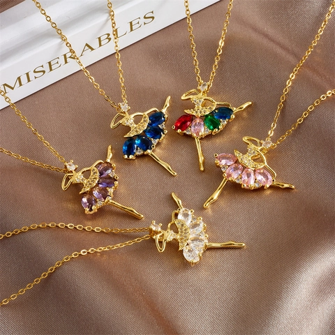 Elegante Collana con Ciondolo Ragazza Ballerina per Donna Catena in Rame Placcato Oro con Strass Multicolore Gioielli di Moda