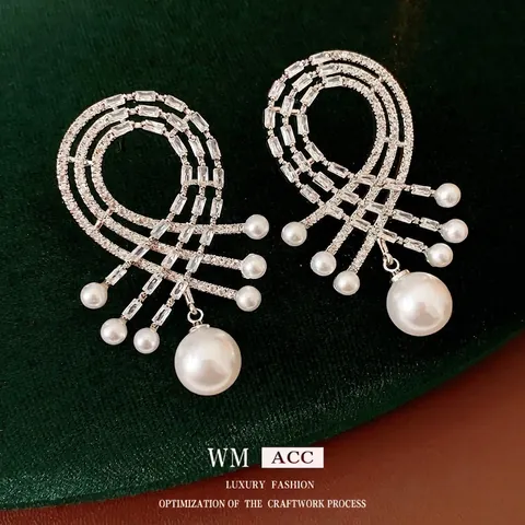 Orecchini Lunghi Di Lusso Vintage Con Silver Earring Post Lega Zirconia E Imitazione Perla Artificial Goccia D'acqua Donne