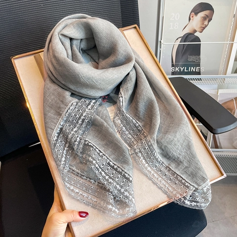 Women Scarf Shawl Lace Trim Cotton Linen Feel Lightweight Sun Protection Elegant Solid Color Summer Spring Wrap
