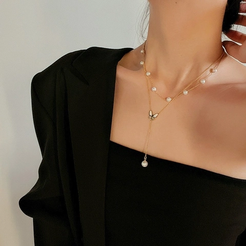 Butterfly Artificial Pearl Double Layer Necklace Titanium Steel Shell Pendant Tassel Y-Shape Gold Tone For Women Elegant