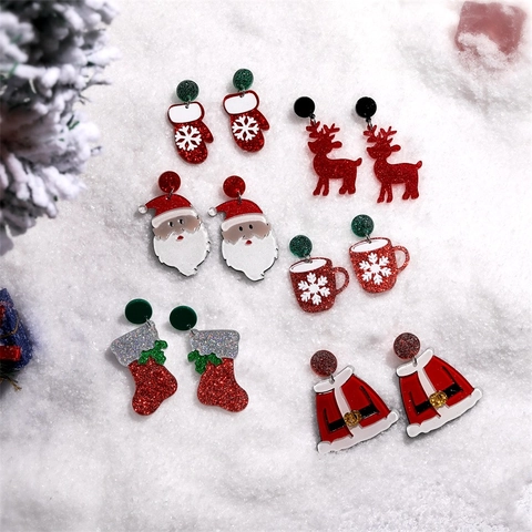 Boucles d'Oreilles Pendantes en Acrylique Père Noël Renne pour Femmes Paillettes Bijoux de Fête de Festival