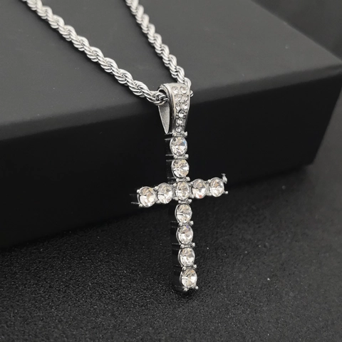 Iced Out Kreuz Anhänger Halskette Edelstahl Klarem Strass Polierte Twist Kette Hip Hop Schmuck Für Herren Damen