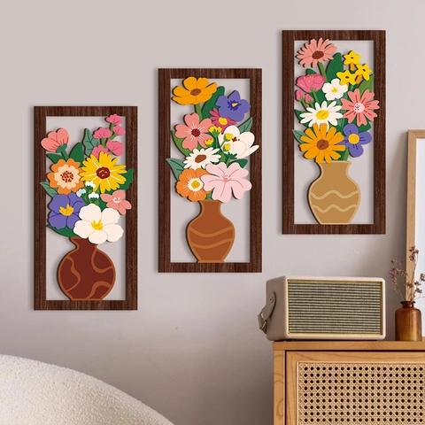 Florale Vase Wanddeko Retro Holz 3D Ausgehöhlt Kunst Plakette Für Zuhause Wohnzimmer Schlafzimmer Boho Stil