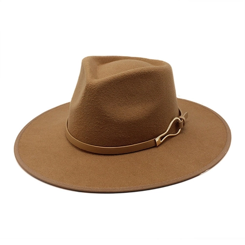 Wide Brim Fedora Hat Elegant Felt Jazz Cap With Leather Band And Golden Buckle Vintage Unisex Solid Color