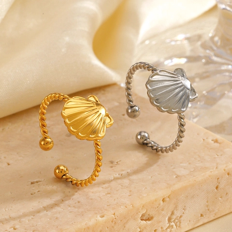 Anillo Abierto de Acero Inoxidable con Concha para Mujer Chapado en Oro 18K Banda Trenzada Minimalista Ajustable Joyería de Océano