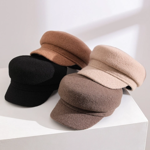 Women Retro British Style Wool Flat Top Cadet Hat Autumn Winter Warm Fashion Military Cap Adjustable Baseball Cap Solid Color Newsboy Hat
