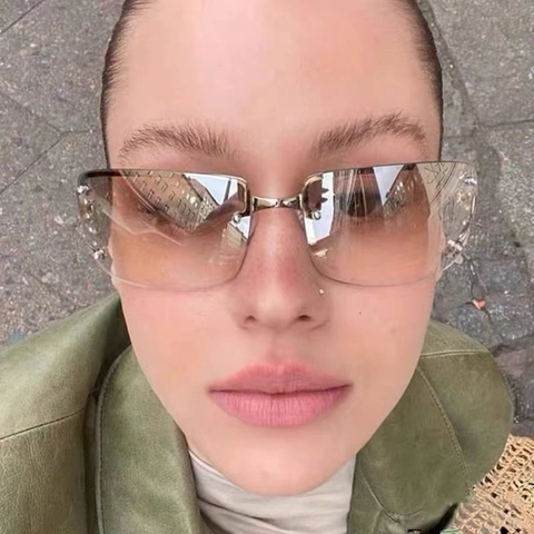 Gafas De Sol Cuadradas Sin Montura Diamantes De Imitación Grandes Lentes Degradados Protección UV Moda Y2K Mujeres