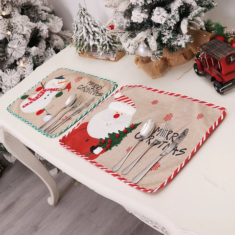 Weihnachten Leinen Tischset Cartoon Weihnachtsmann Schneemann Jute Tischmatte Merry Christmas Bestickte Esszimmer Deko Stile