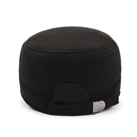 Men Winter Flat Top Cadet Cap Cotton Wool Blend Warm Fleece Lined With Ear Flaps Windproof Adjustable Solid Color Hat