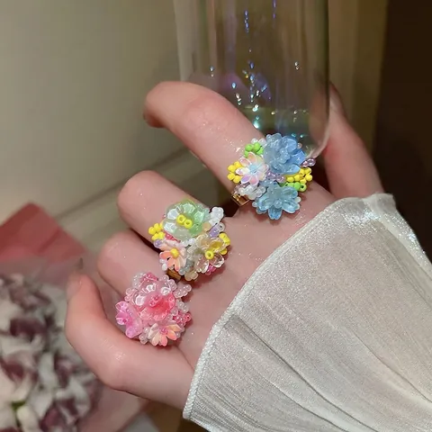 Anillo De Flores Hecho A Mano Dulce Fresco Racimo Resina Floral Banda Abierta Ajustable Joyería Para Mujeres Niñas