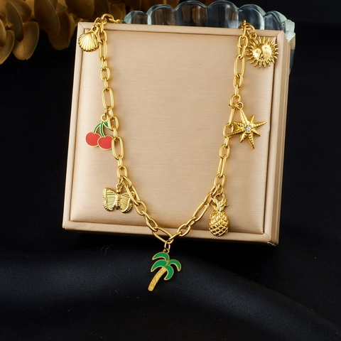Collier À Charmes En Acier Inoxydable Plqué Or Émail Cocotier Cerise Papillon Ananas Bijoux Tropicaux Pour Femmes