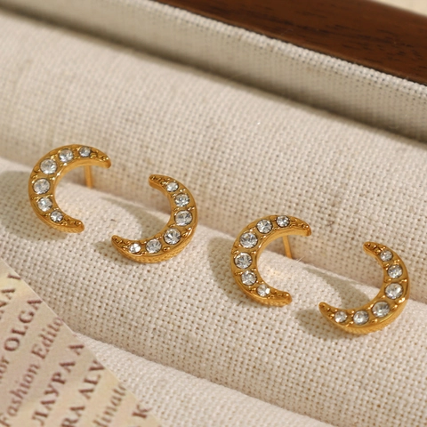 Pendientes de Botón de Luna Creciente de Acero de Titanio Bañado en Oro de 18K Con Circonia Joyería de Moda para Mujer
