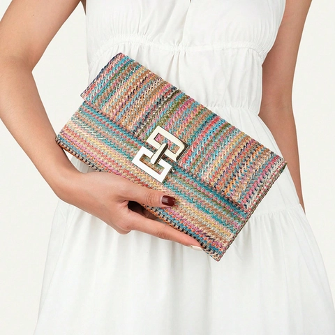Women Straw Woven Clutch Bag Handmade Bohemian Envelope Handbag With Metal Lock For Summer Beach Vacation Party