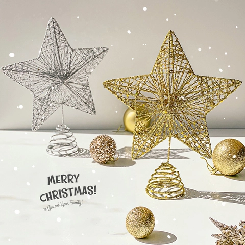 Puntale Per Albero Di Natale Stella Cava Ferro Metallo Glitter Paillettes Ornamento Decorativo Oro Argento Festivo Casa