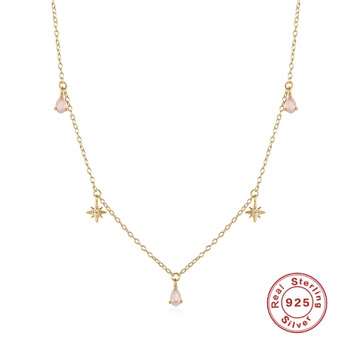 925 Sterling Silver Necklace With Pink Water Drop And Star Pendants Gold Plated Double Layer Clavicle Chain For Women