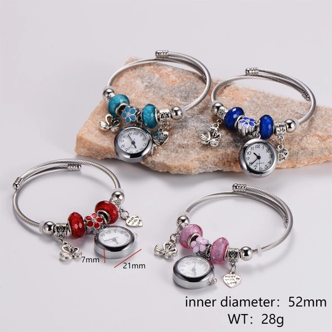 Stainless Steel Charm Bracelet Watch For Women Colorful Glass Beads Swan Heart Pendant Adjustable Wire Jewelry