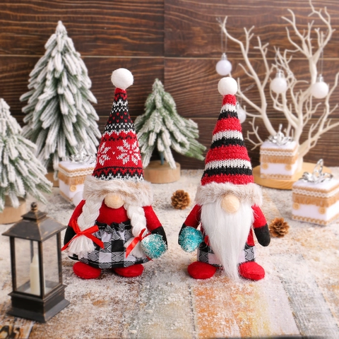 Ornements Gnome De Noël Tricotés Plaid Poupée En Peluche Sans Visage Tenant Un Arbre Décor Pour Table Étagère