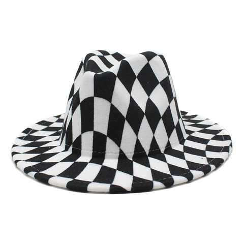 Cappello Fedora Feltro Di Lana Motivo A Scacchi Tesa Larga Retro Streetwear Stile Jazz Per Uomini Donne Unisex