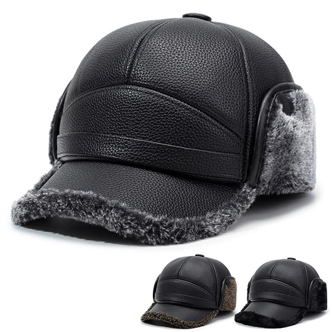 Men Winter Warm Baseball Cap Faux PU Leather Earflap Hat Lychee Texture Thick Plush Lining Windproof Trapper Hat For Middle Aged