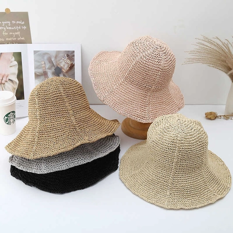 Hand Crocheted Straw Sun Hat For Women Wide Brim Breathable Foldable Hollow Fisherman Style Beach Vacation Summer Accessory