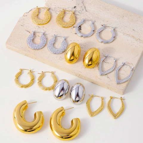 Pendientes Geométricos De Acero Inoxidable Para Mujer Aros Gruesos En Forma De C Texturizados Martillados Acanalados Estilo Francés