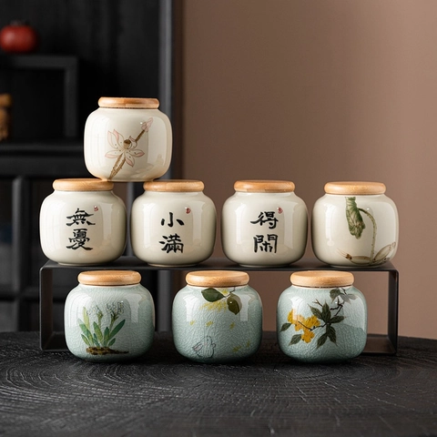 Ceramic Tea Canister With Wood Lid Airtight Storage Jar Chinese Calligraphy Hand Painted Vintage Style Home Kitchen