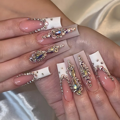 Press On Nails Long Coffin French Tip Pink White Rhinestones Handcrafted Luxury Sparkling Fake Nails For Women