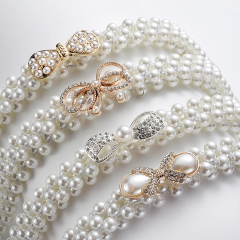 Elegant Artificial Pearl Elastic Waist Belt Faux Artificial Pearl Multi Strand Stretchy Dress Accessory Rhinestone Alloy Buckle Decoration