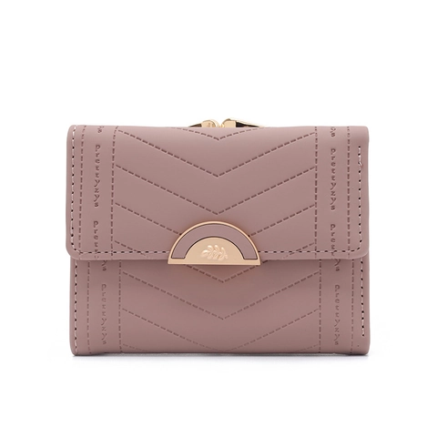 Women Short Wallet PU Leather Tri-Fold Small Purse With Metal Leaf Buckle V-Quilted Card Slots Fresh Sweet Style For Girls