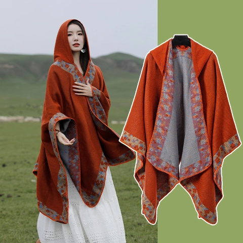 Womens Hooded Poncho Cape Ethnic Bohemian Knitted Shawl Faux Cashmere Warm Winter Travel Wrap Fringe