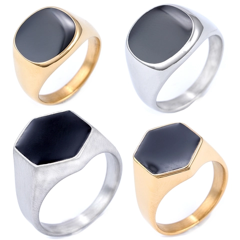 Anello Sigillo Da Uomo Acciaio Inossidabile 316 Smalto Nero Esagono Quadrato Lucidato Minimalista Punk