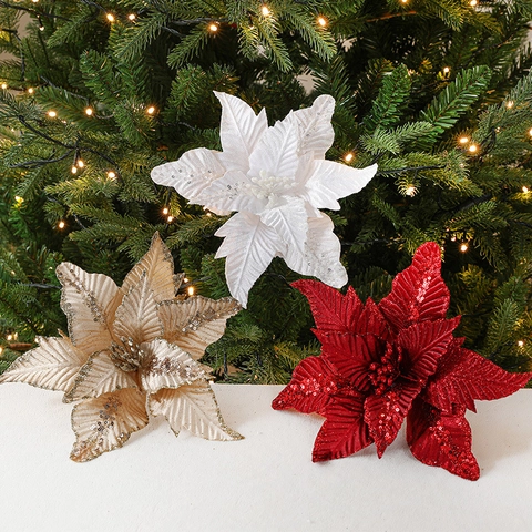 Artificial Christmas Poinsettia Flowers Glitter Flocked Flower With Stem For Tree Decoration Holiday Party Decor