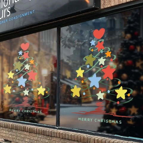 Christmas Window Stickers Starry Tree Pattern Merry Christmas PVC Static Cling For Glass Shop Door Festive Decor